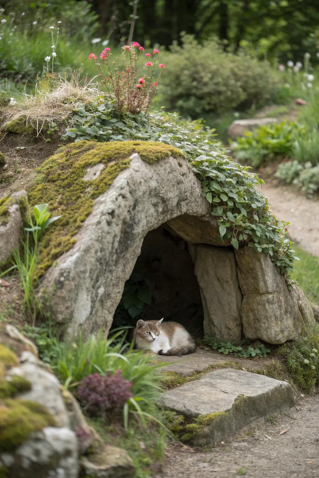 Faux rock shelters blend naturally into garden landscapes.