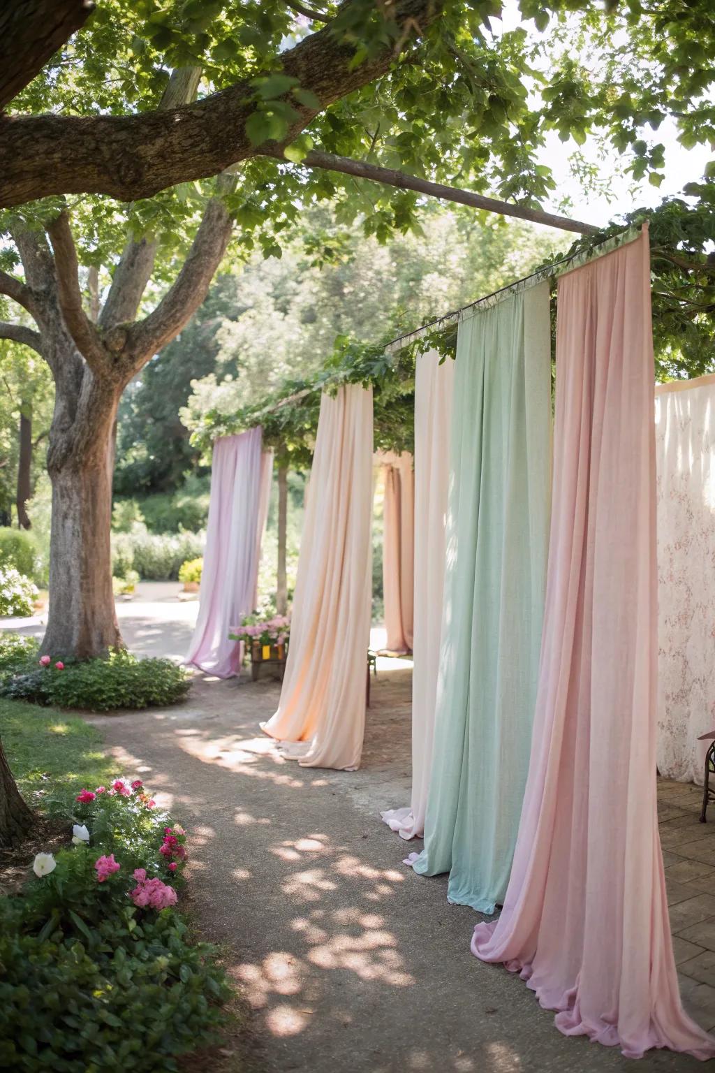Elegant vintage curtains create a charming outdoor changing spot.