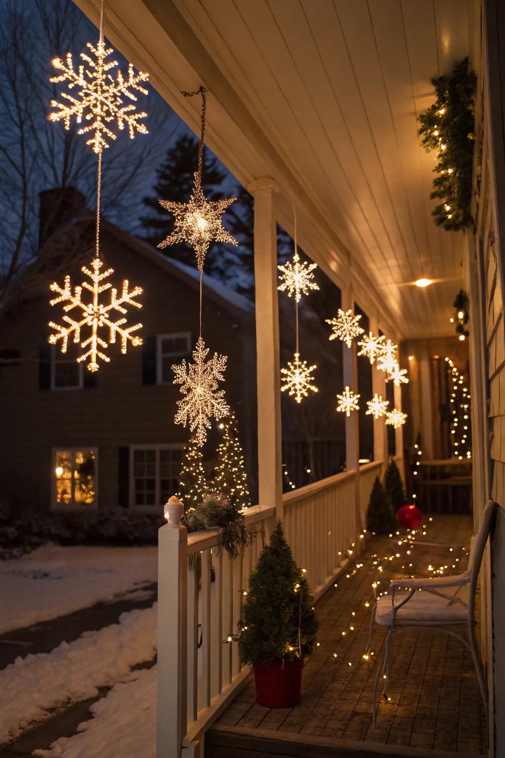 Snowflake lights bring delicate beauty to outdoor spaces.