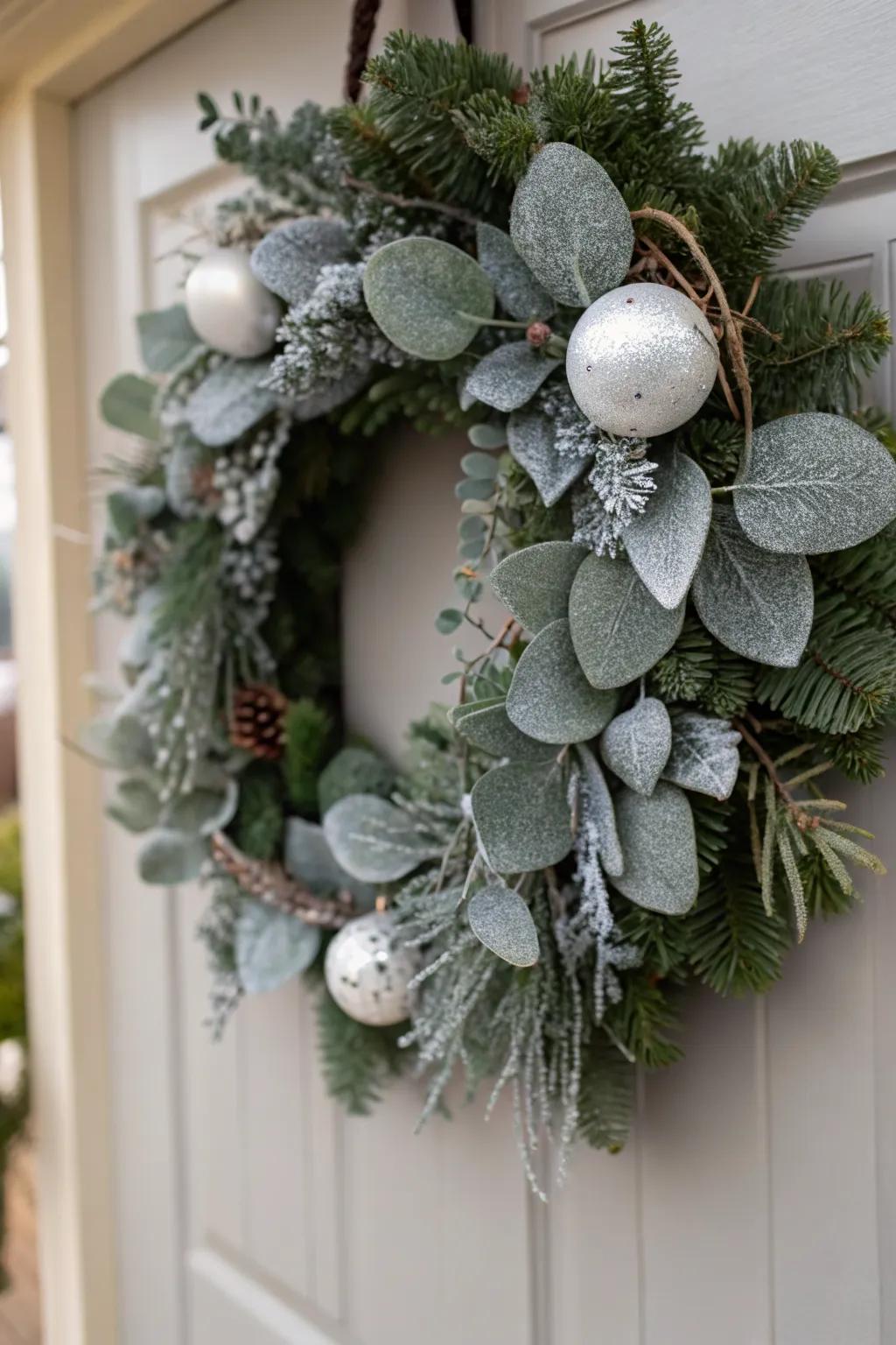 Frosty eucalyptus wreath for a touch of winter elegance.