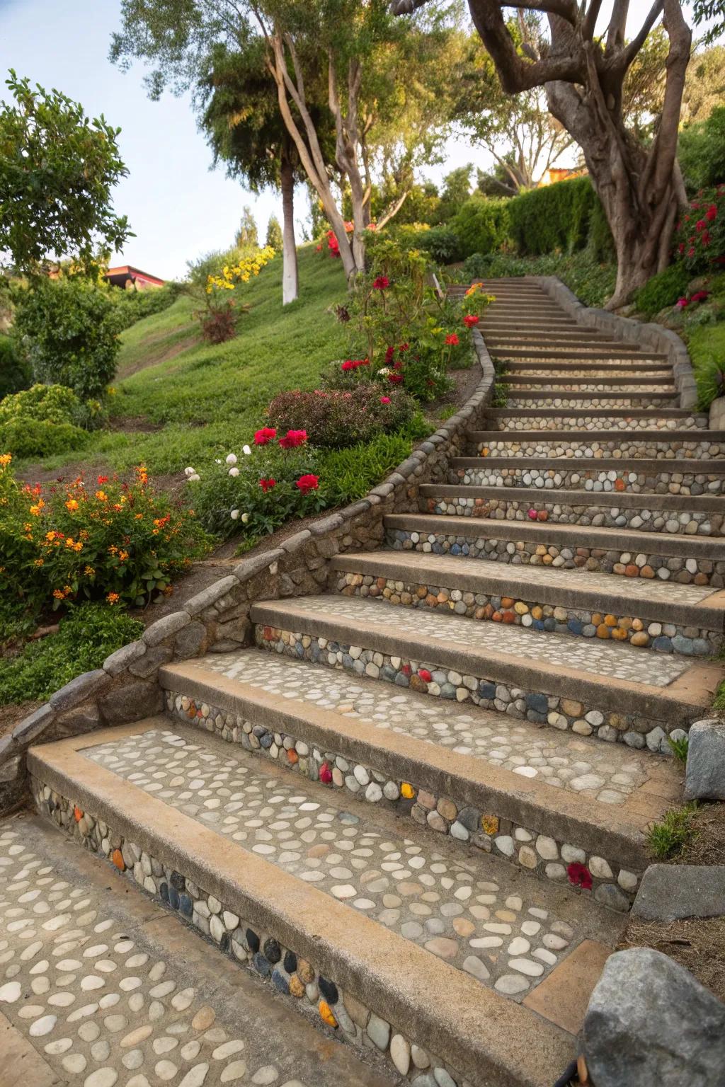 Concrete stairs featuring an organic pebble inlay.