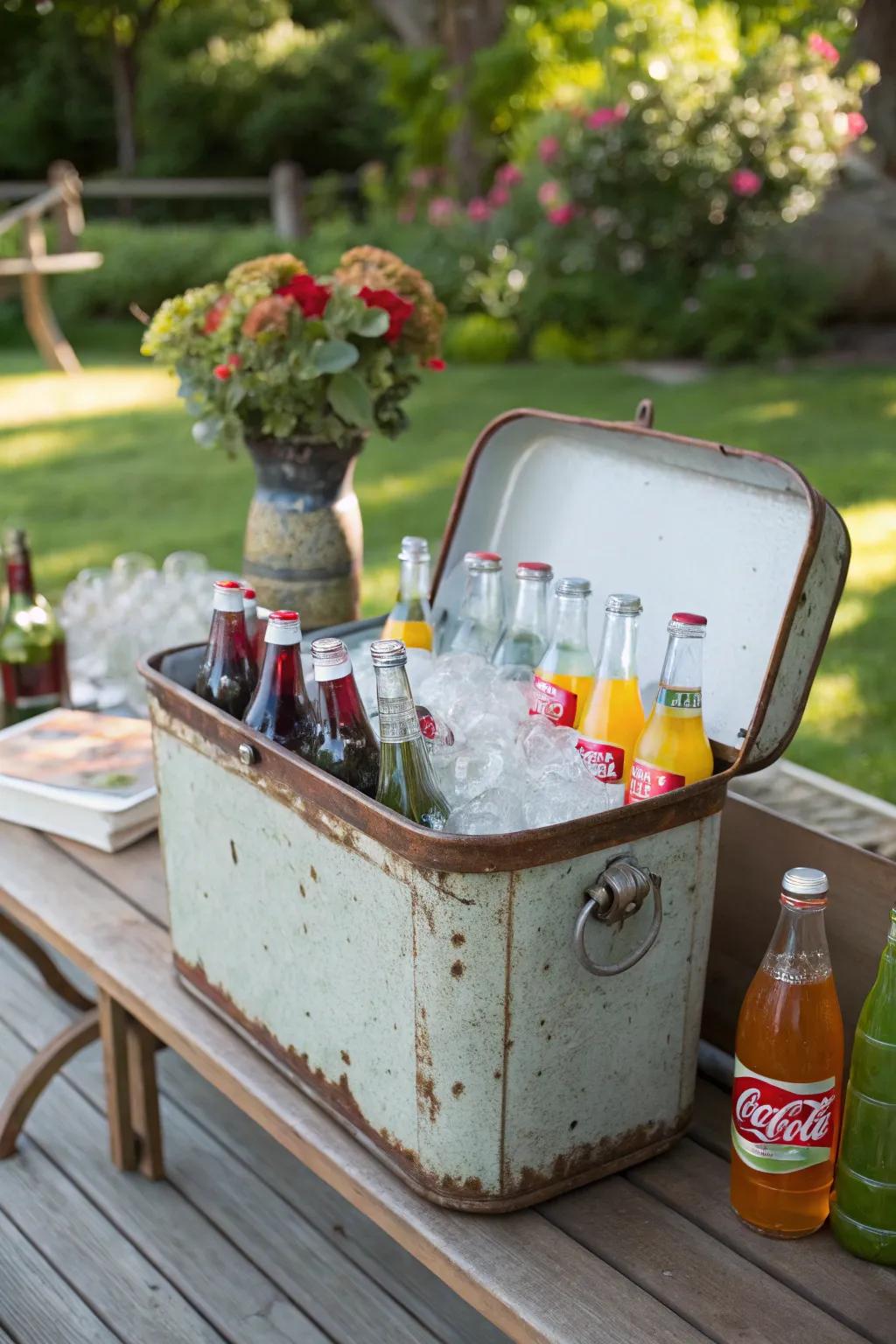 A vintage cooler keeps drinks cool while adding nostalgic charm.