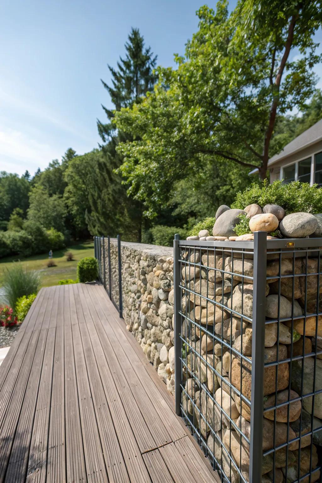A gabion wall offers a unique and sturdy privacy solution.