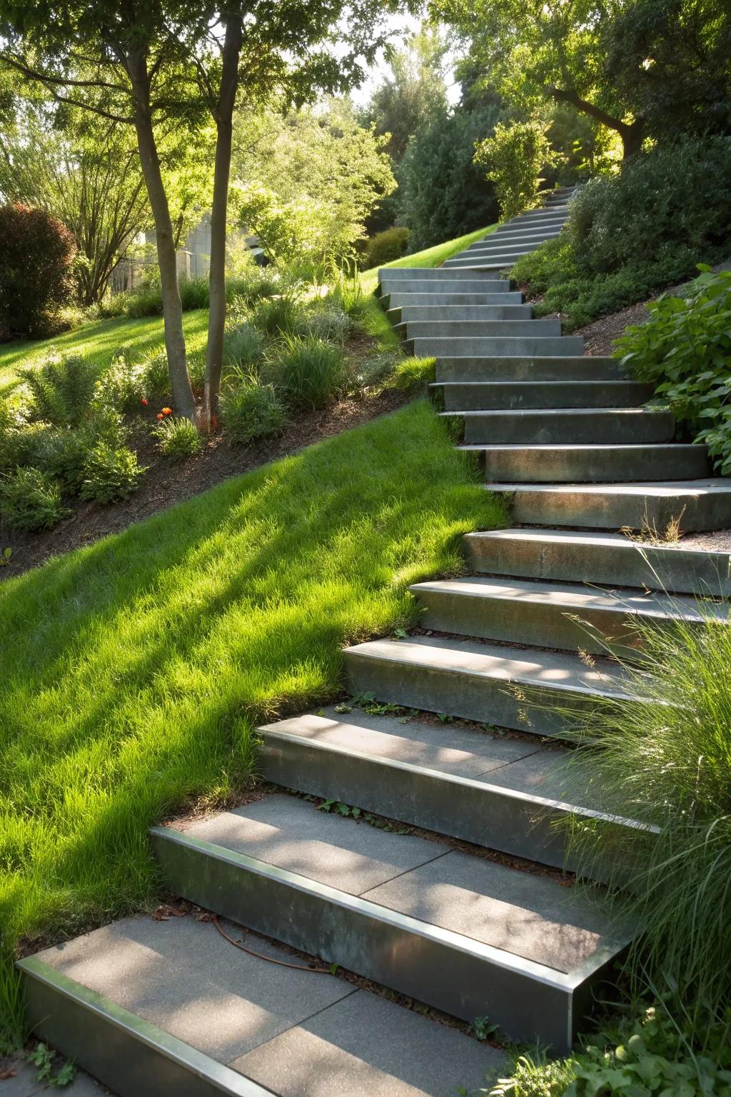 Steel plate edges give stairs a modern, chic appearance.