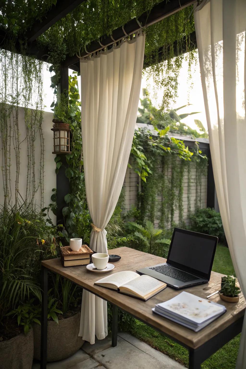 Curtains and dividers create a private outdoor workspace.