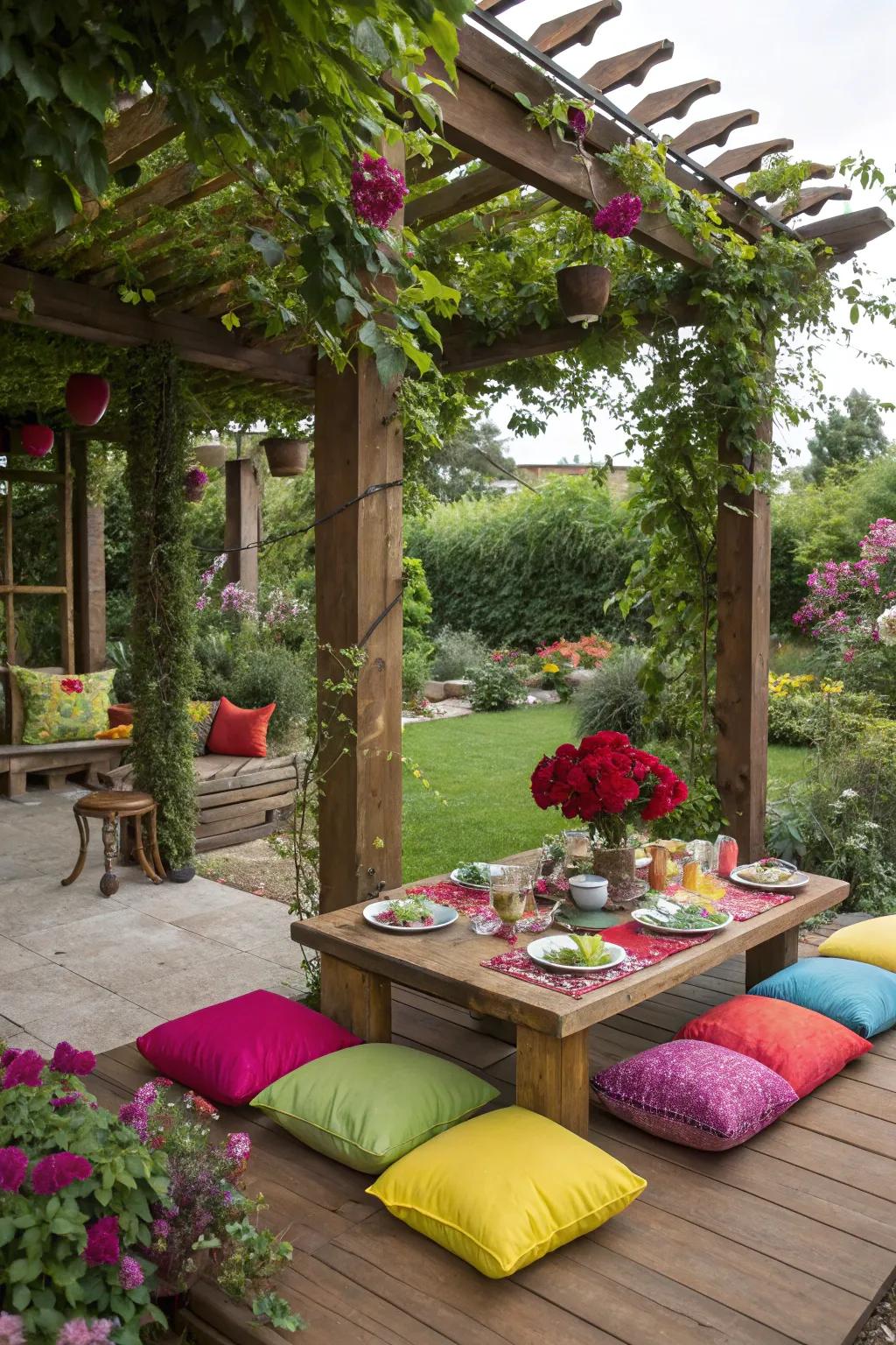 Add personality to your pergola with colorful decor.