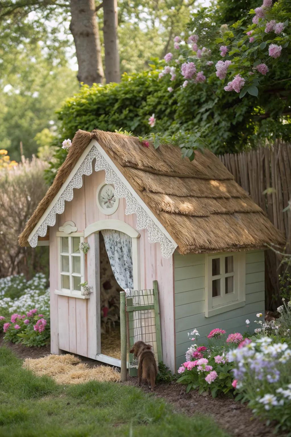 A cottagecore dog house for a serene retreat.