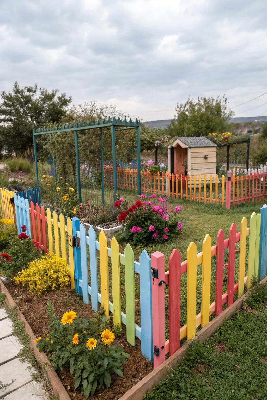 A colorful and artistic dog pen with painted fencing.
