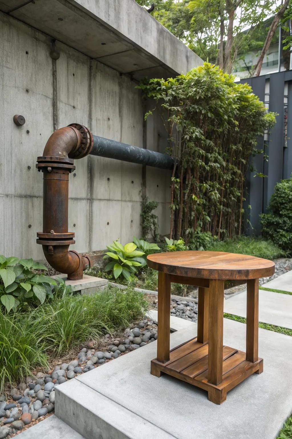 Industrial pipe tables add urban chic and robust style to outdoor spaces.