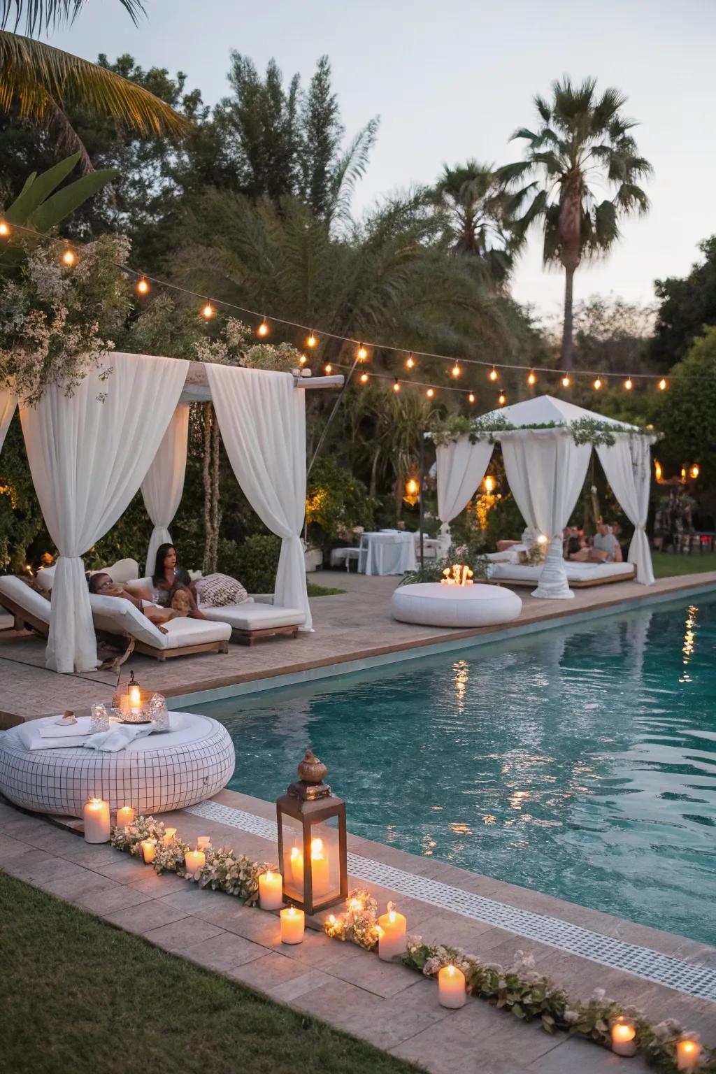 A glamorous poolside engagement party setting.