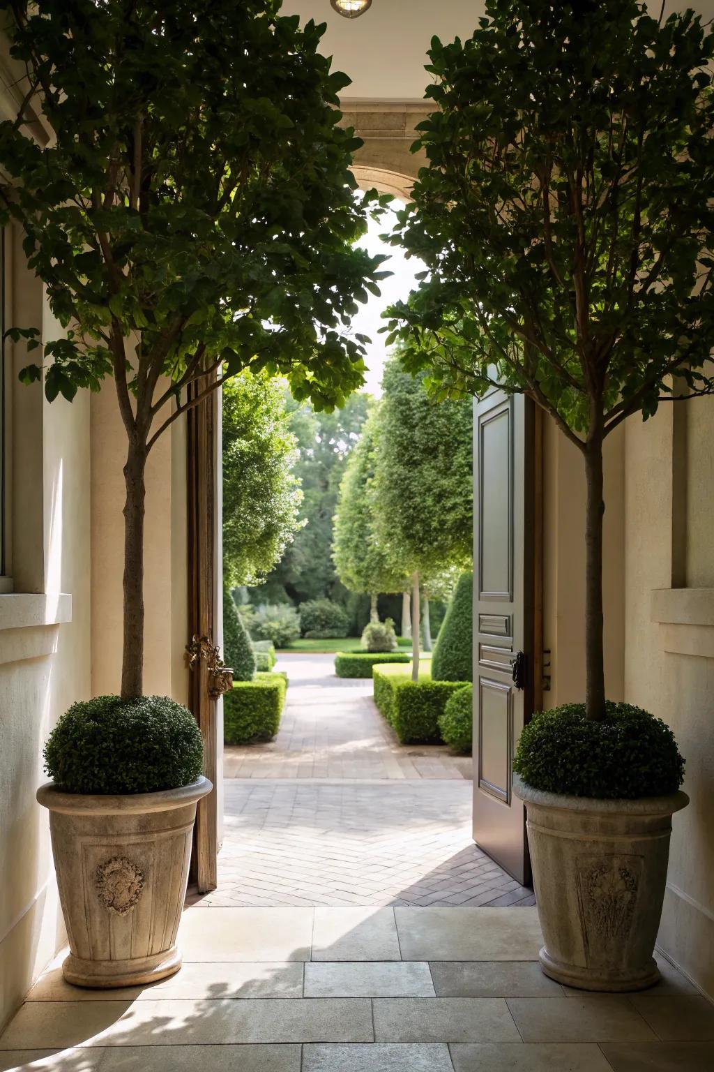 Potted trees provide privacy and a touch of grandeur.