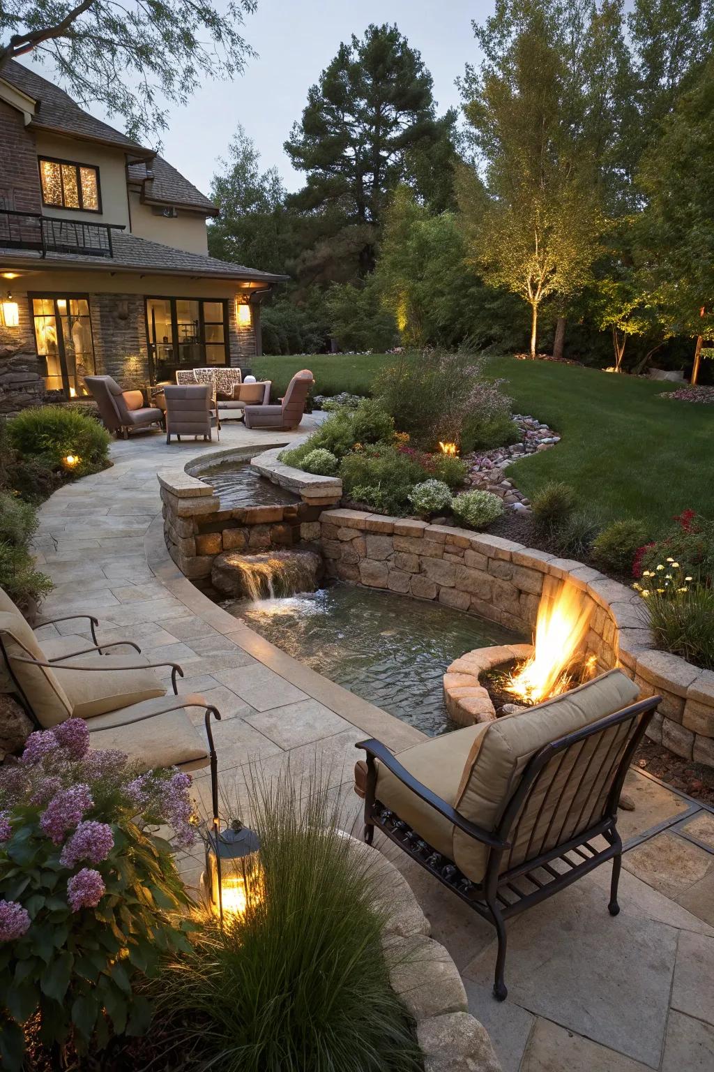 A fire pit paired with a water feature creates a stunning backyard centerpiece.