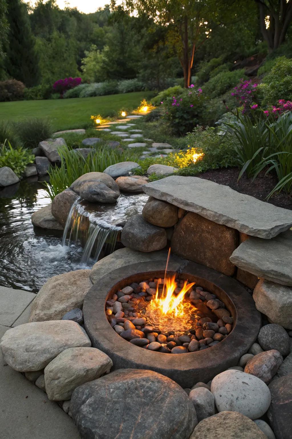 A water feature adds serenity and elegance to your fire pit area.