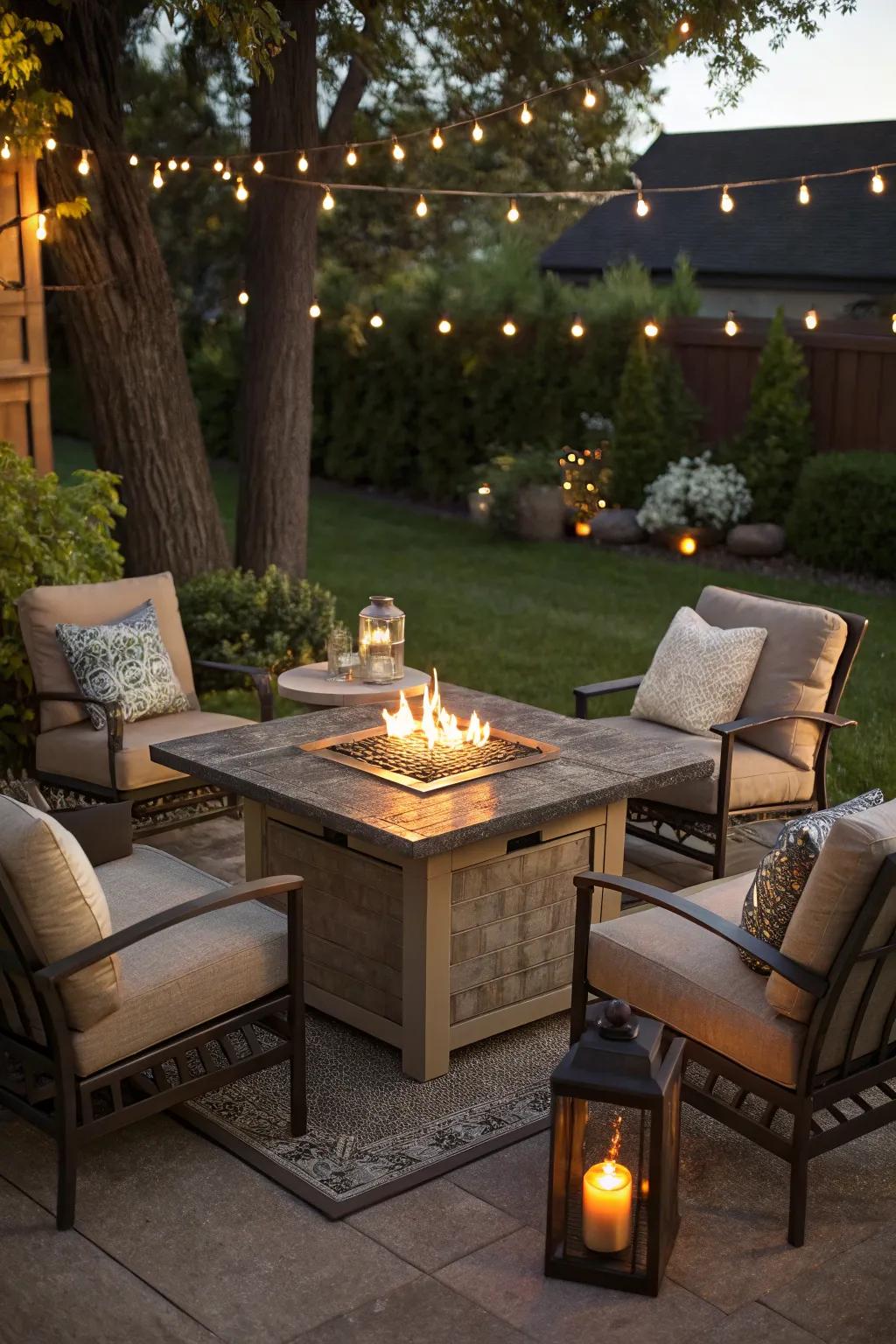 Function meets warmth with a fire table centerpiece.