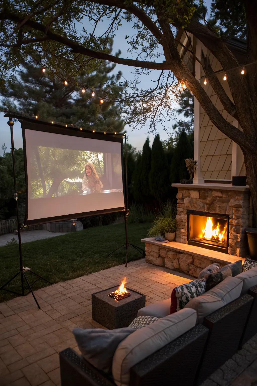 An outdoor fireplace transformed into a backyard theater with a projector screen.