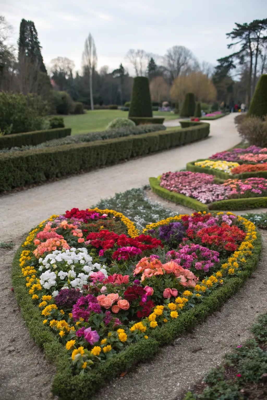 A playful flower bed featuring a heart-shaped planting pattern.