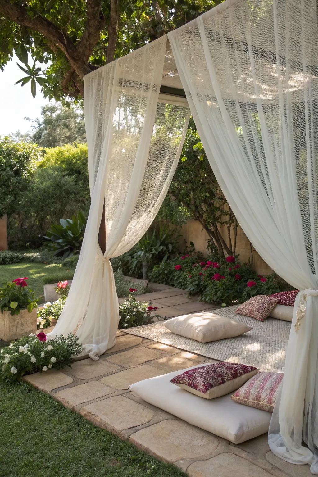 A dreamy canopy fort offering a magical retreat in the garden.