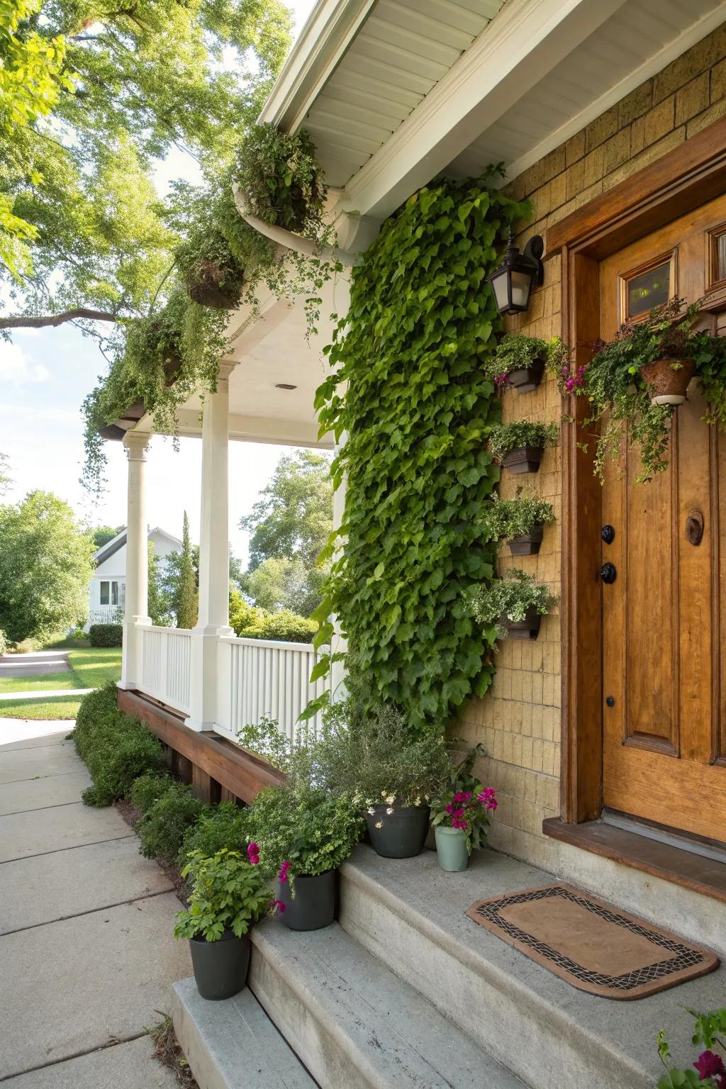 A vertical garden transforms this porch into a lush green haven.