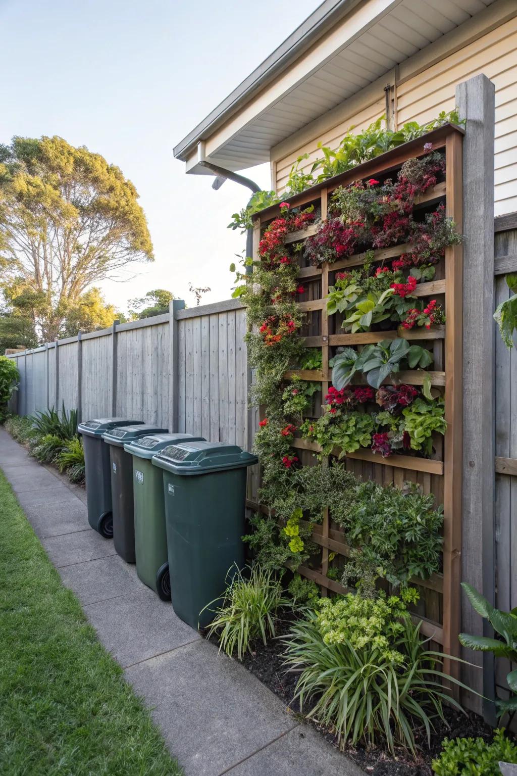 A vertical garden ingeniously hides garbage bins, adding a green wall to the backyard.
