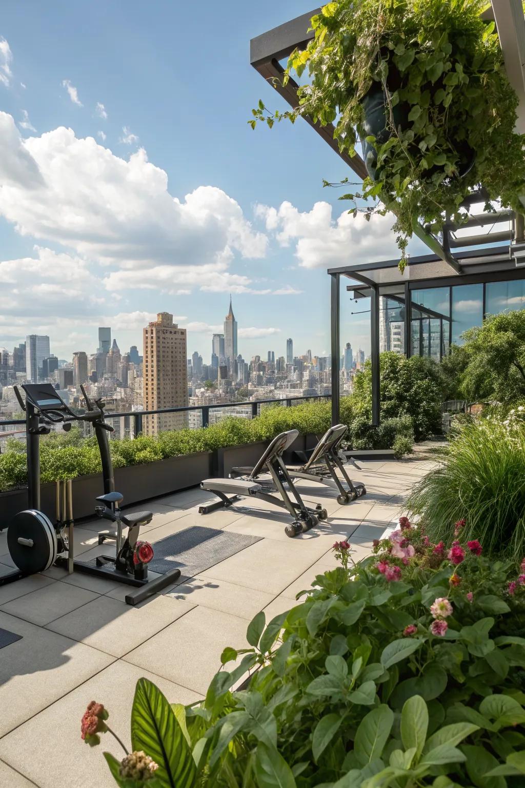 A rooftop garden gym offers a unique workout experience with a view.