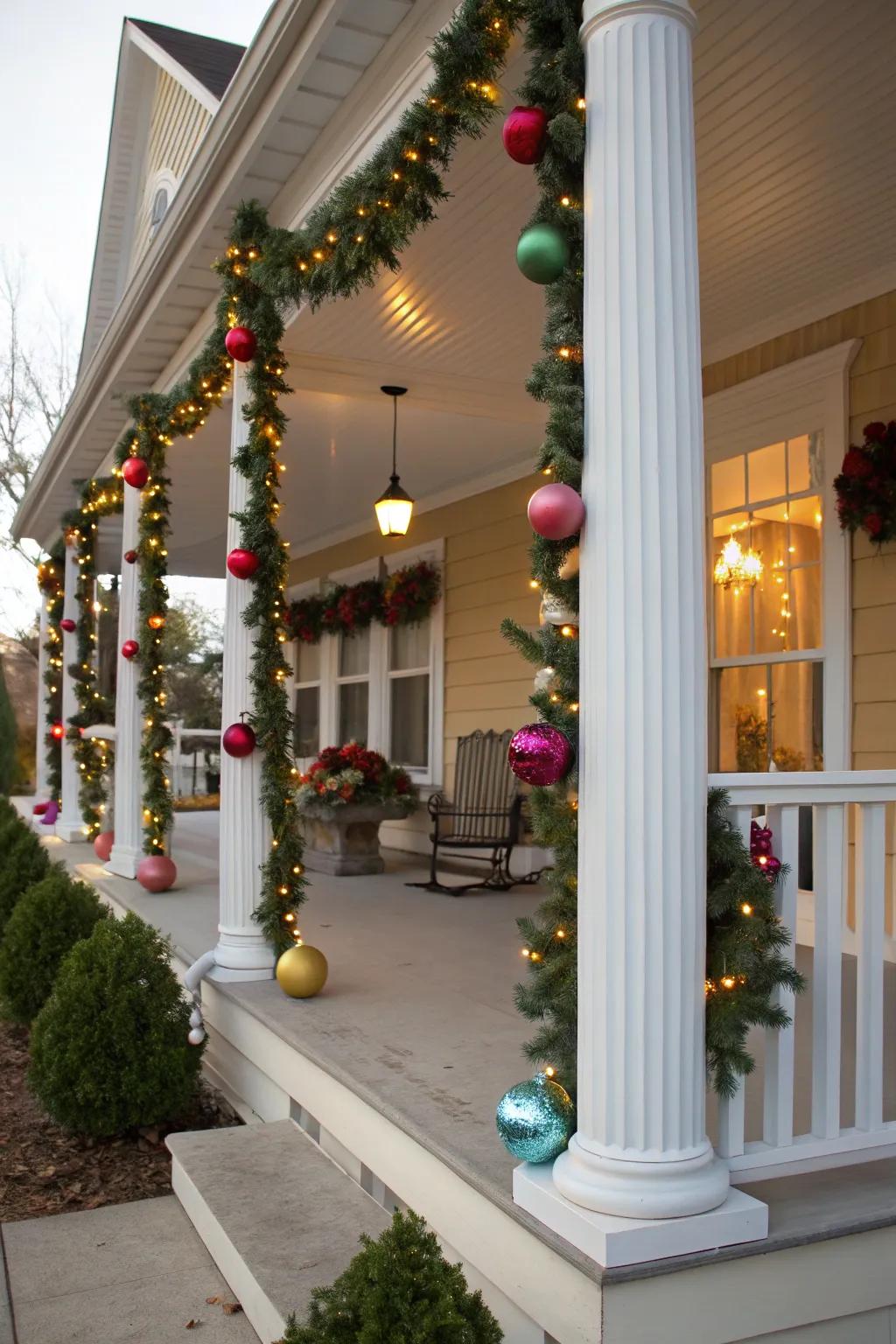 Ornaments add vibrant color to wrapped columns.