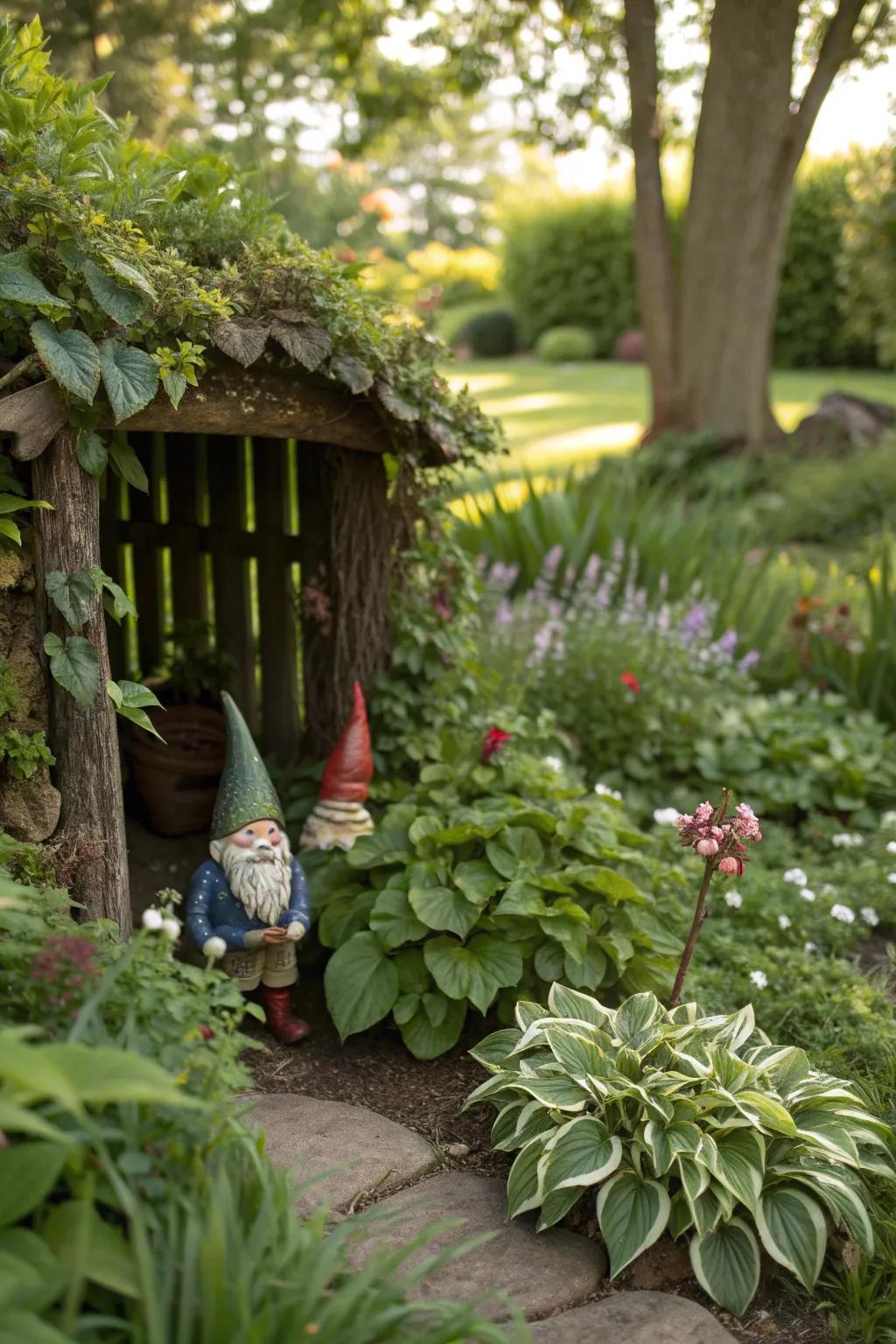 A hidden gnome nook offers a delightful surprise in your garden.