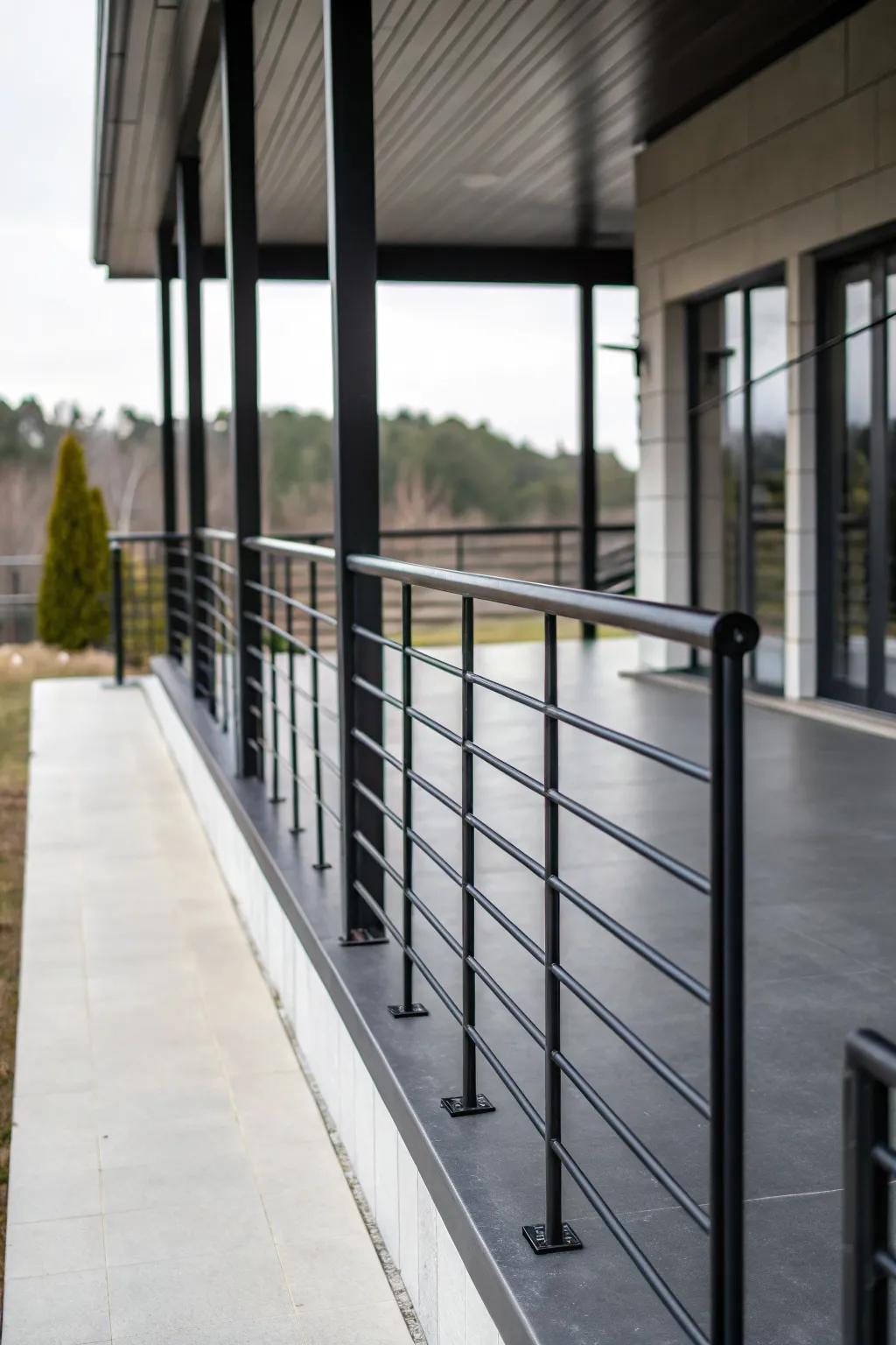 Black metal railings offer a minimalist and chic aesthetic.