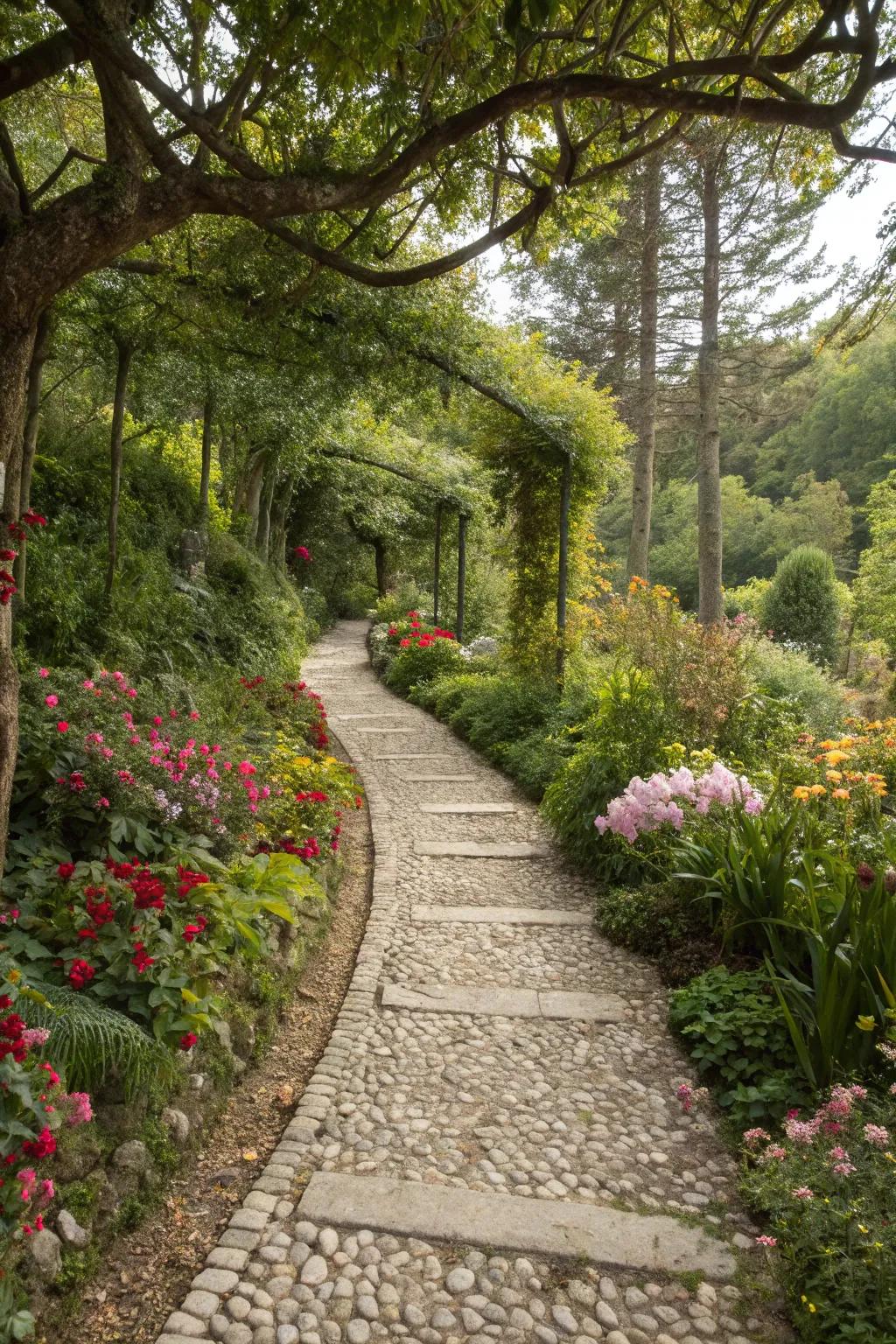 A pebble pathway invites exploration and adds serenity.