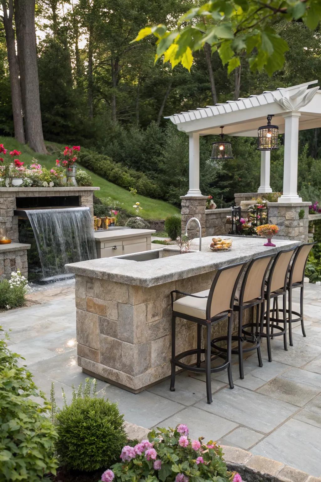 Outdoor island bar with a luxury waterfall countertop.
