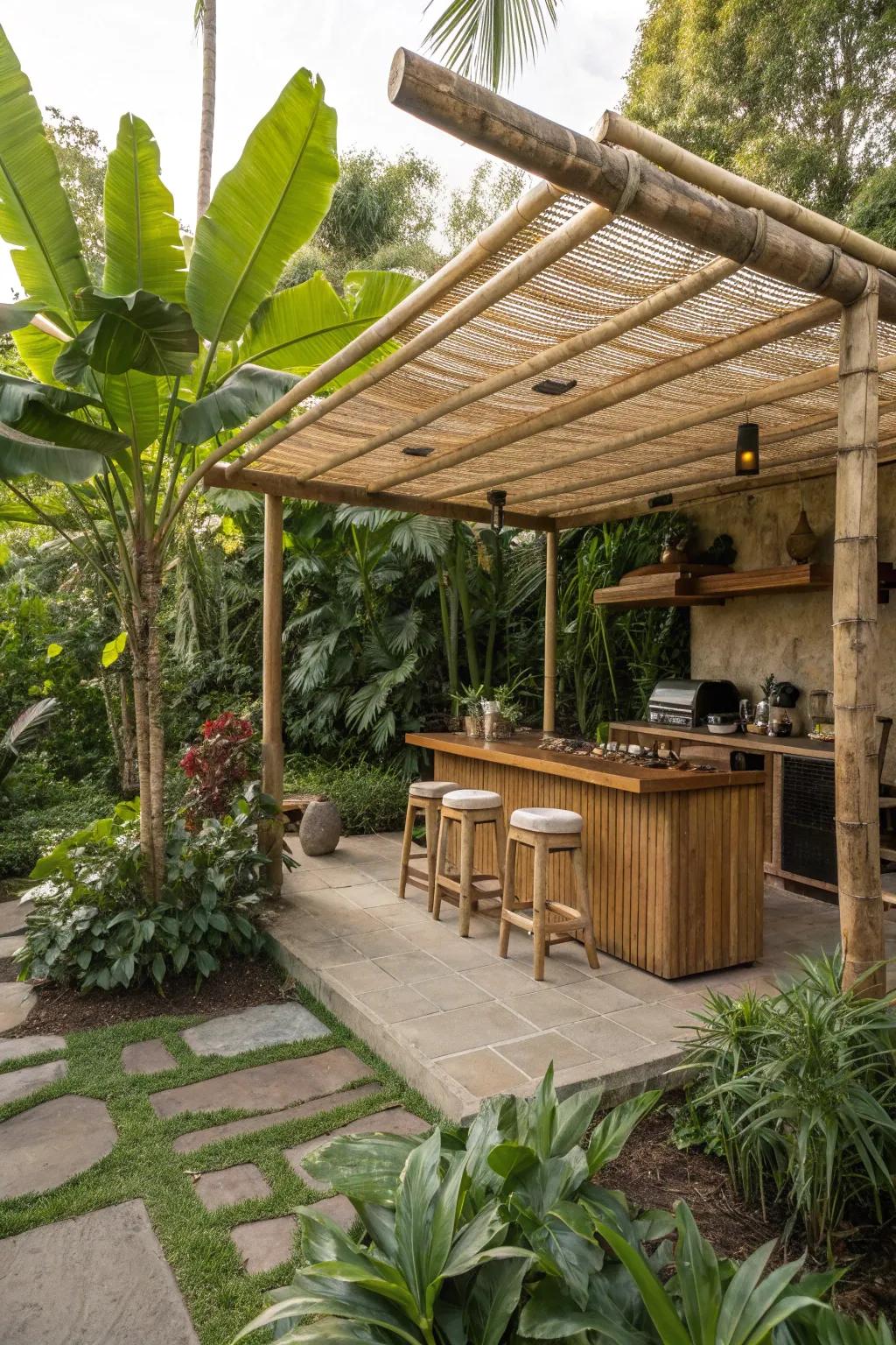 A bamboo canopy brings a tropical touch to this outdoor kitchen.