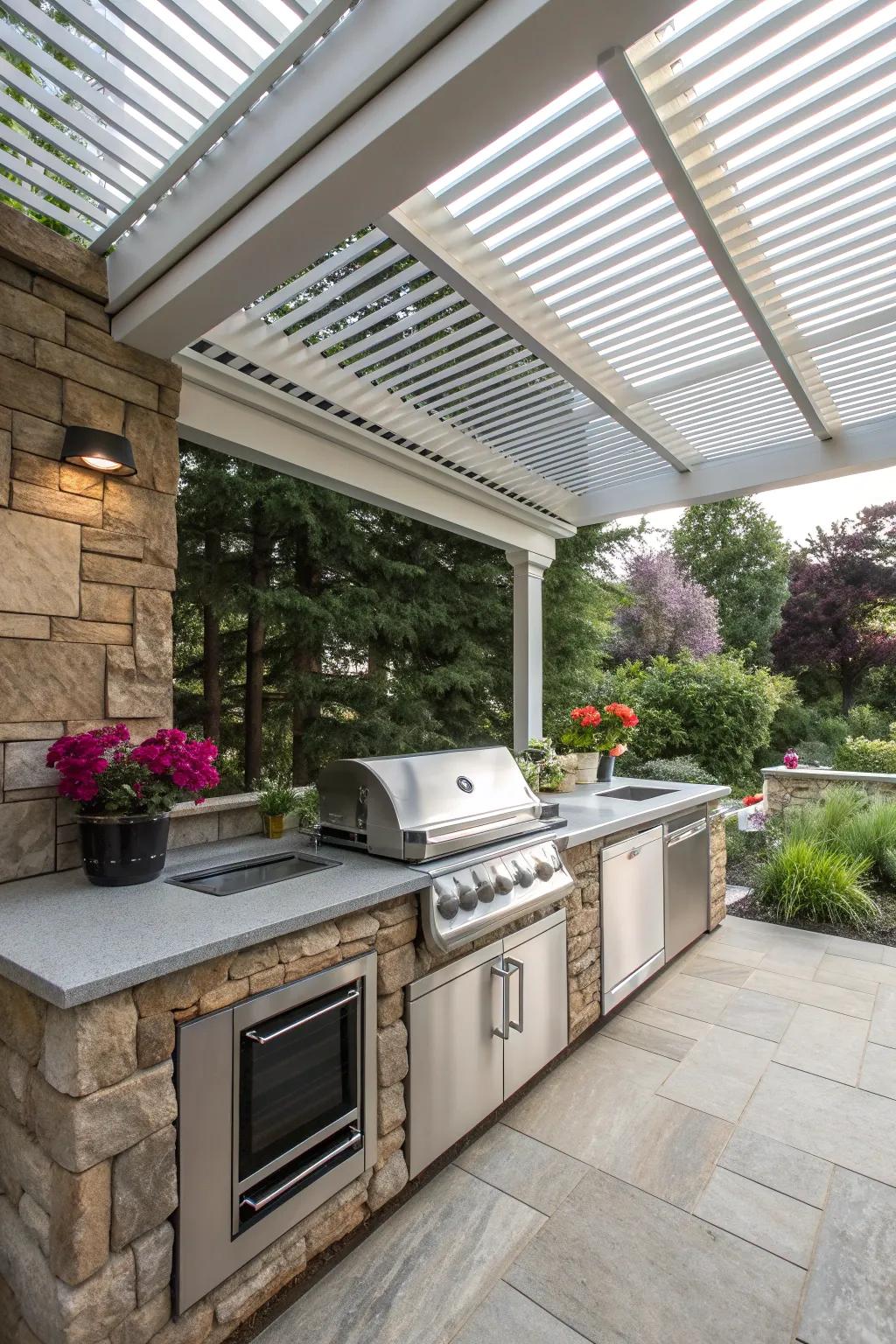 A louvered roof provides adjustable light and ventilation for a sophisticated outdoor kitchen.