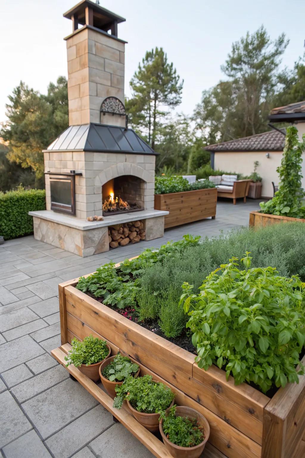 An inviting outdoor kitchen fireplace with an adjacent herb garden, perfect for fresh cooking inspiration.