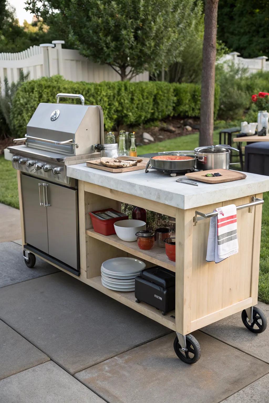 A mobile kitchen island for versatile outdoor cooking.