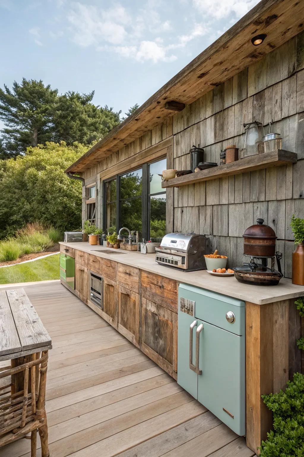 Reclaimed wood siding brings vintage appeal and history to outdoor kitchens.
