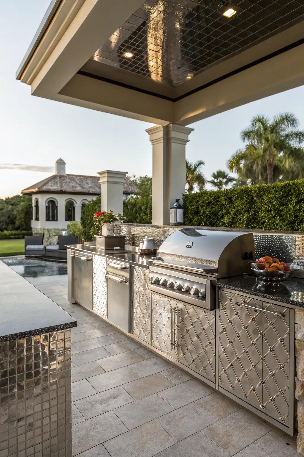Luxurious metallic tiles adding a modern touch to an outdoor kitchen.