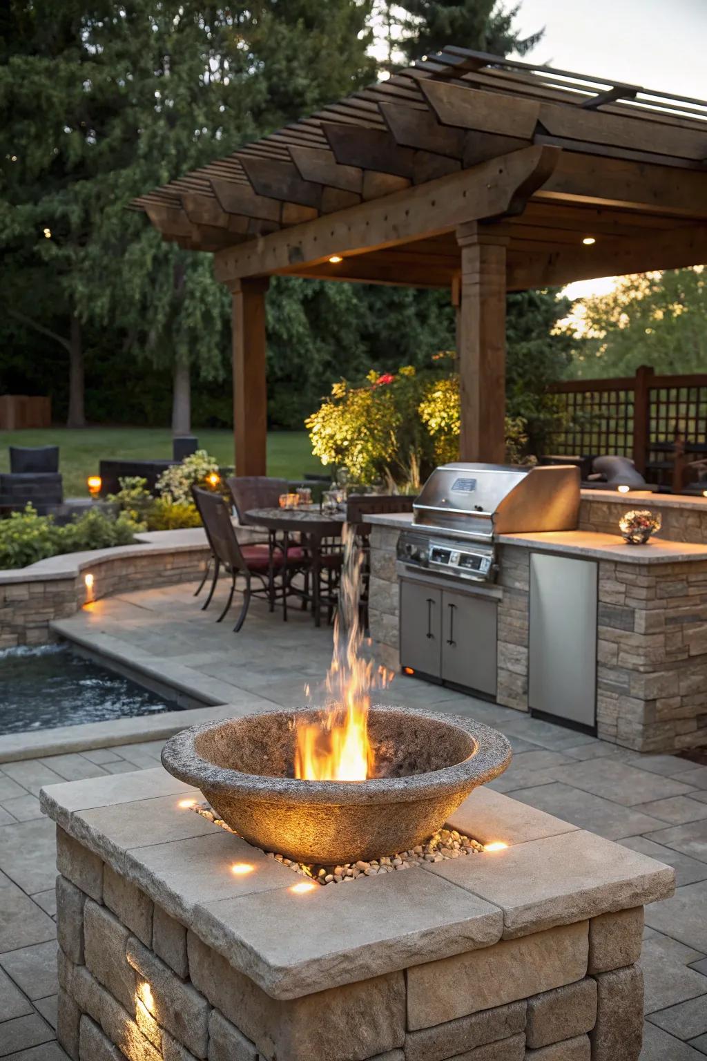 A fire pit and fountain create a stunning focal point in this outdoor space.