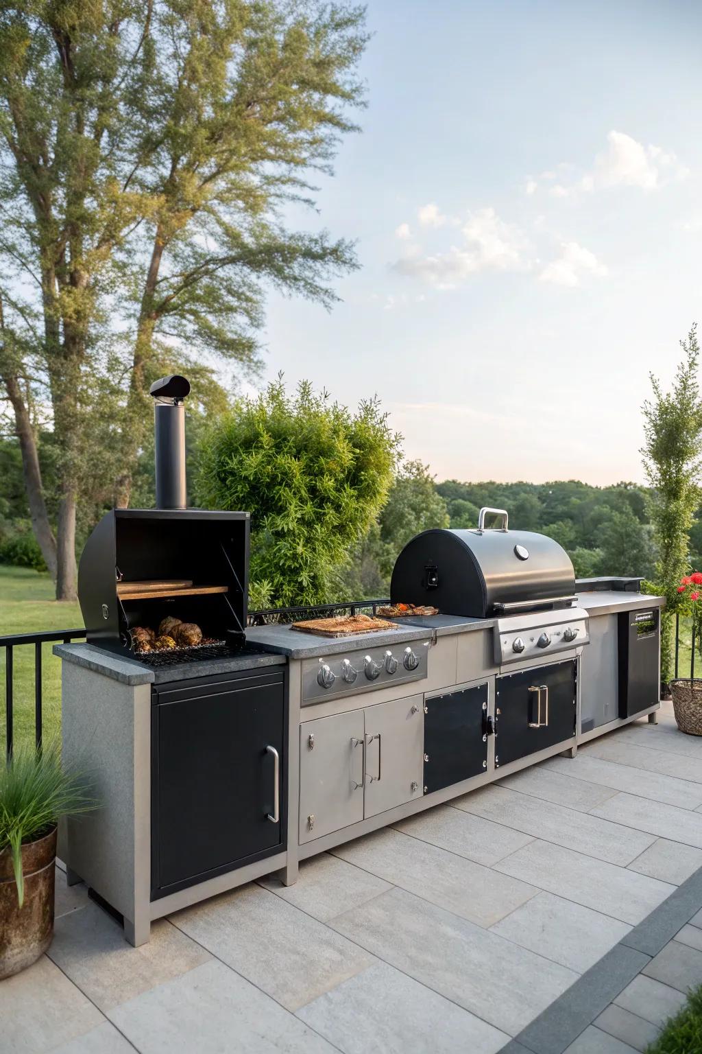 Modular design in an outdoor kitchen with offset smoker.