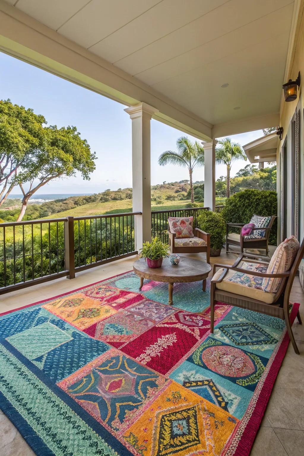Outdoor rugs add warmth and define spaces.