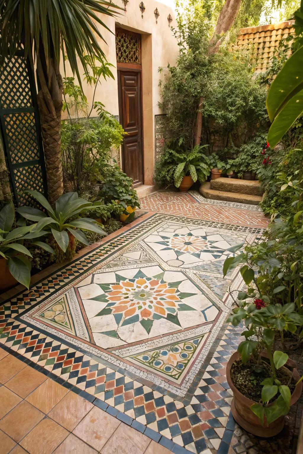 A vibrant mosaic patio floor that transforms outdoor living areas.