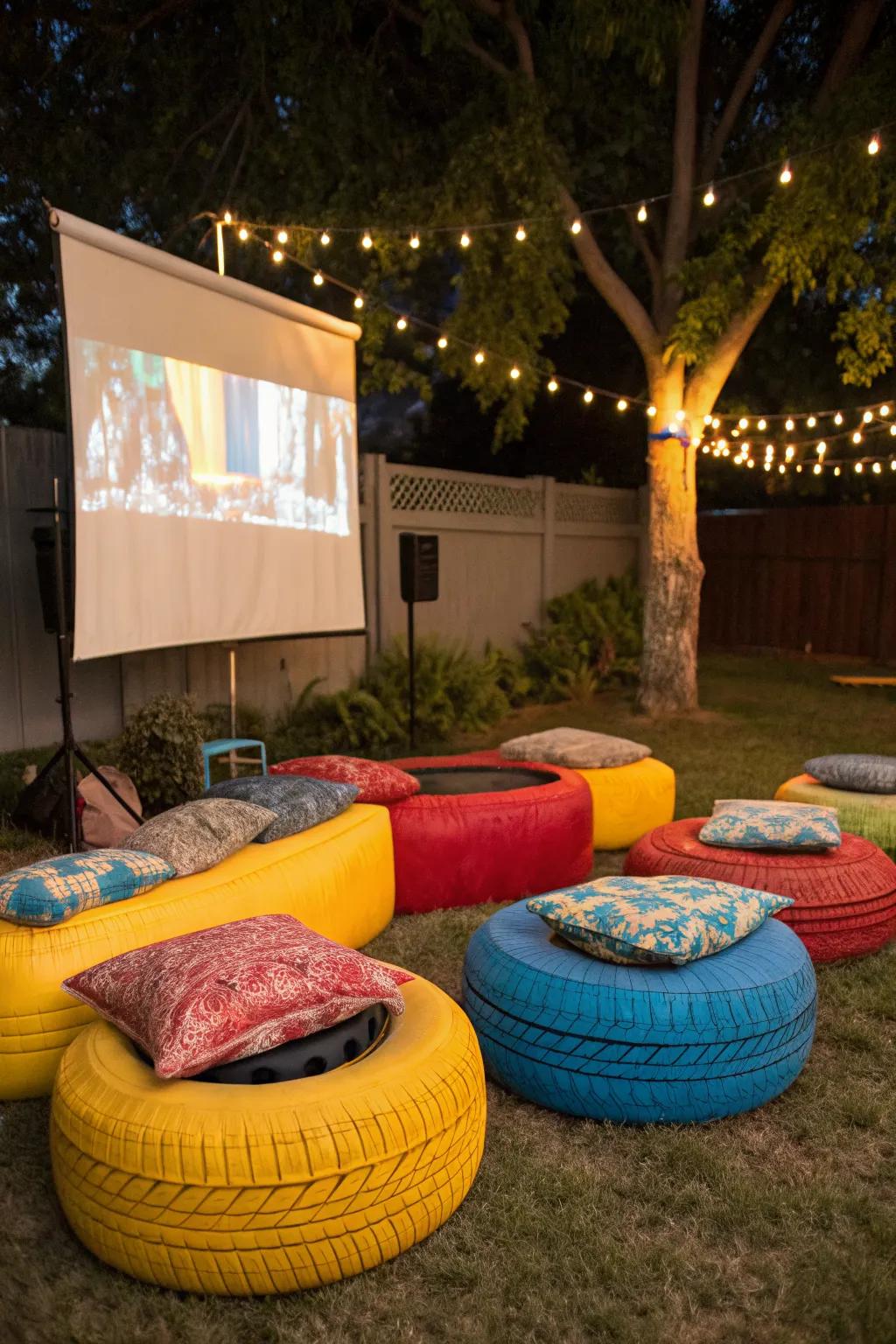 Get creative with vibrant DIY tire seats for a unique movie night.