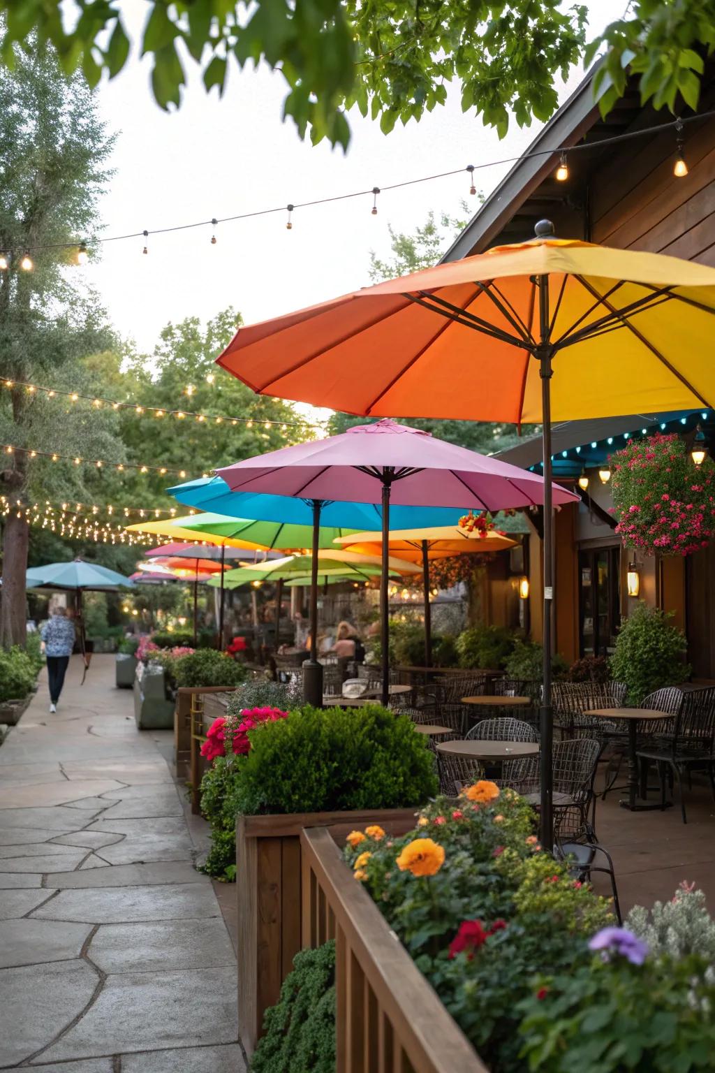 Colorful umbrellas offer shade and a pop of color.