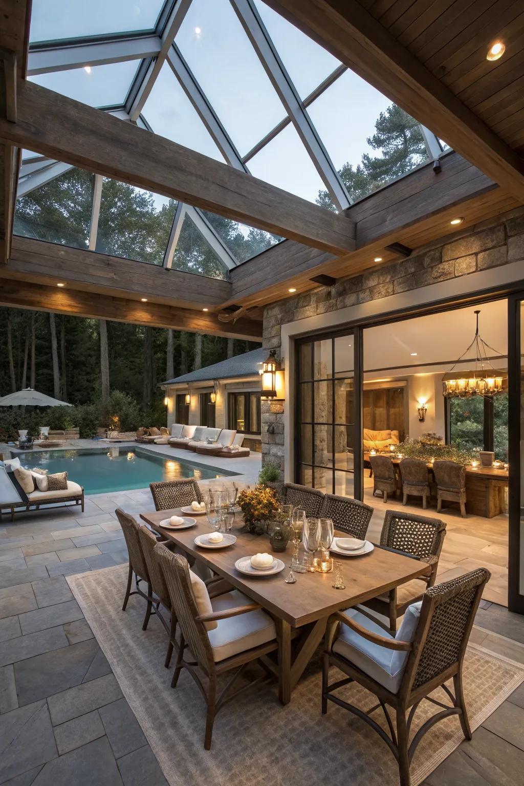 A pool house with flexible, multi-use spaces for various activities.