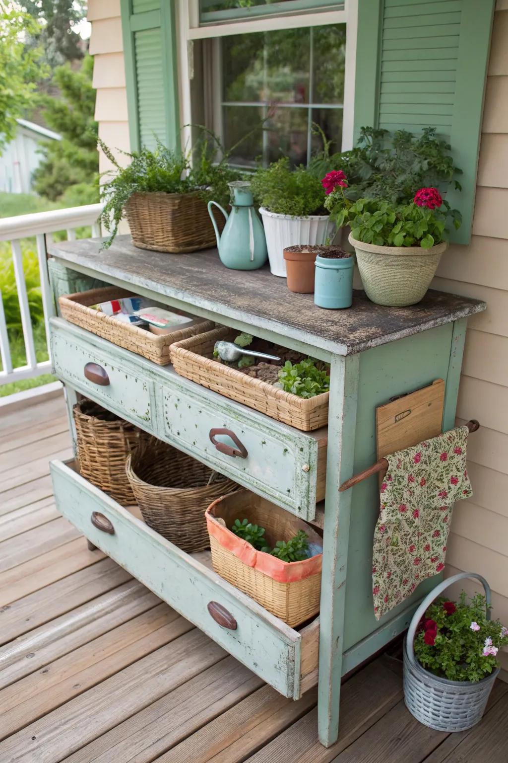 Repurposed furniture offers unique and sustainable storage options.