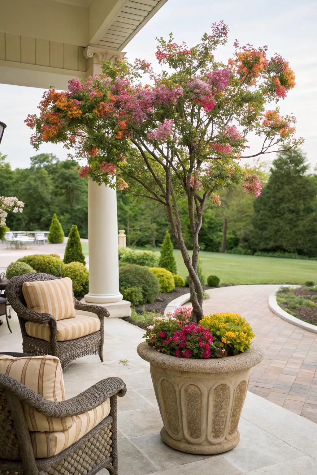 Make a statement with a potted flowering tree.