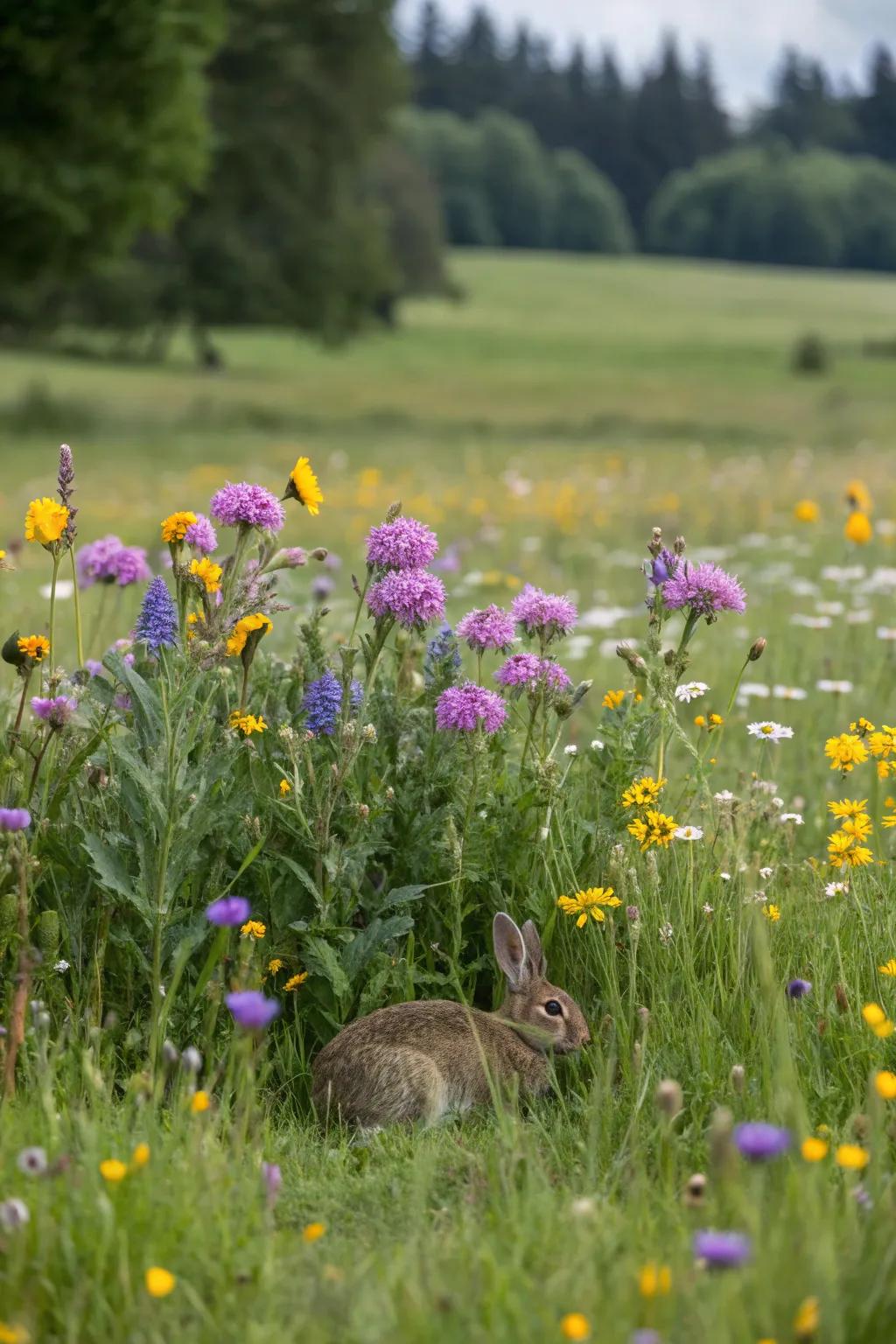 A picturesque wildflower meadow corner in a rabbit play area.