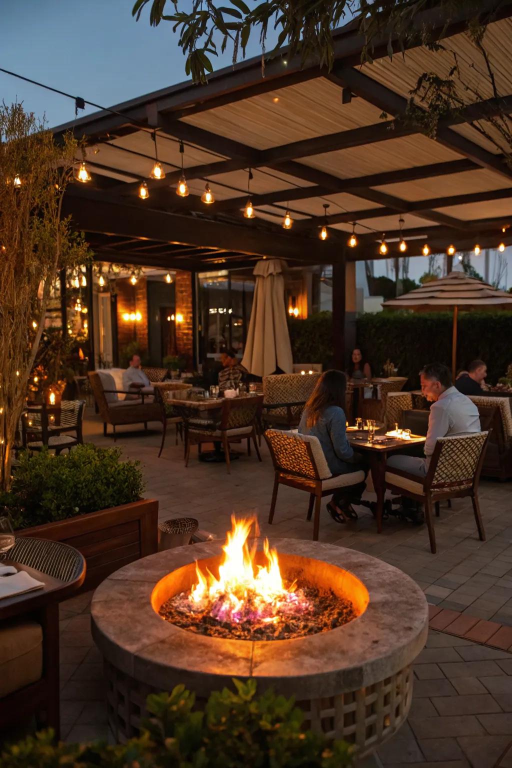 A fire pit adds warmth and extends outdoor dining seasons.