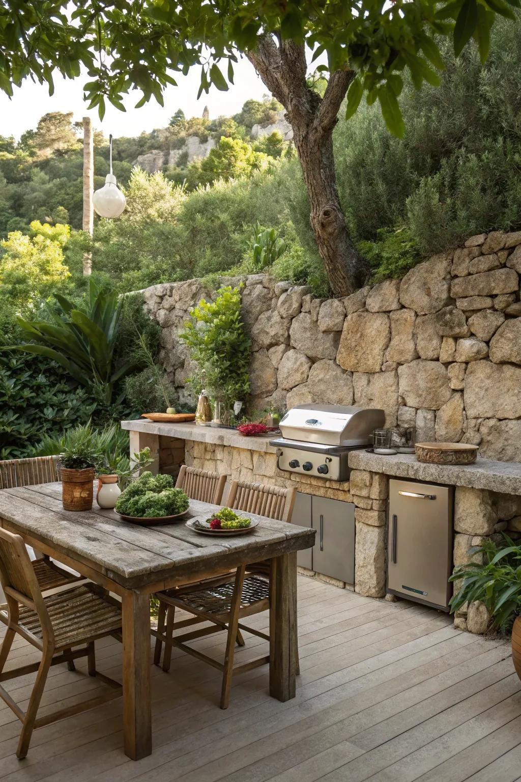 Rock walls provide a rustic backdrop for outdoor kitchens.