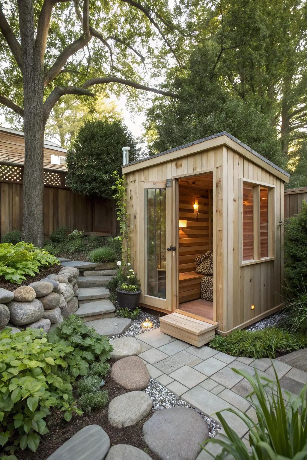 Natural stone accents add elegance and texture to the sauna setting.