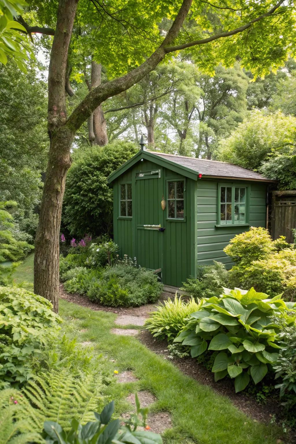 Nature-inspired greens blend the shed into the landscape.