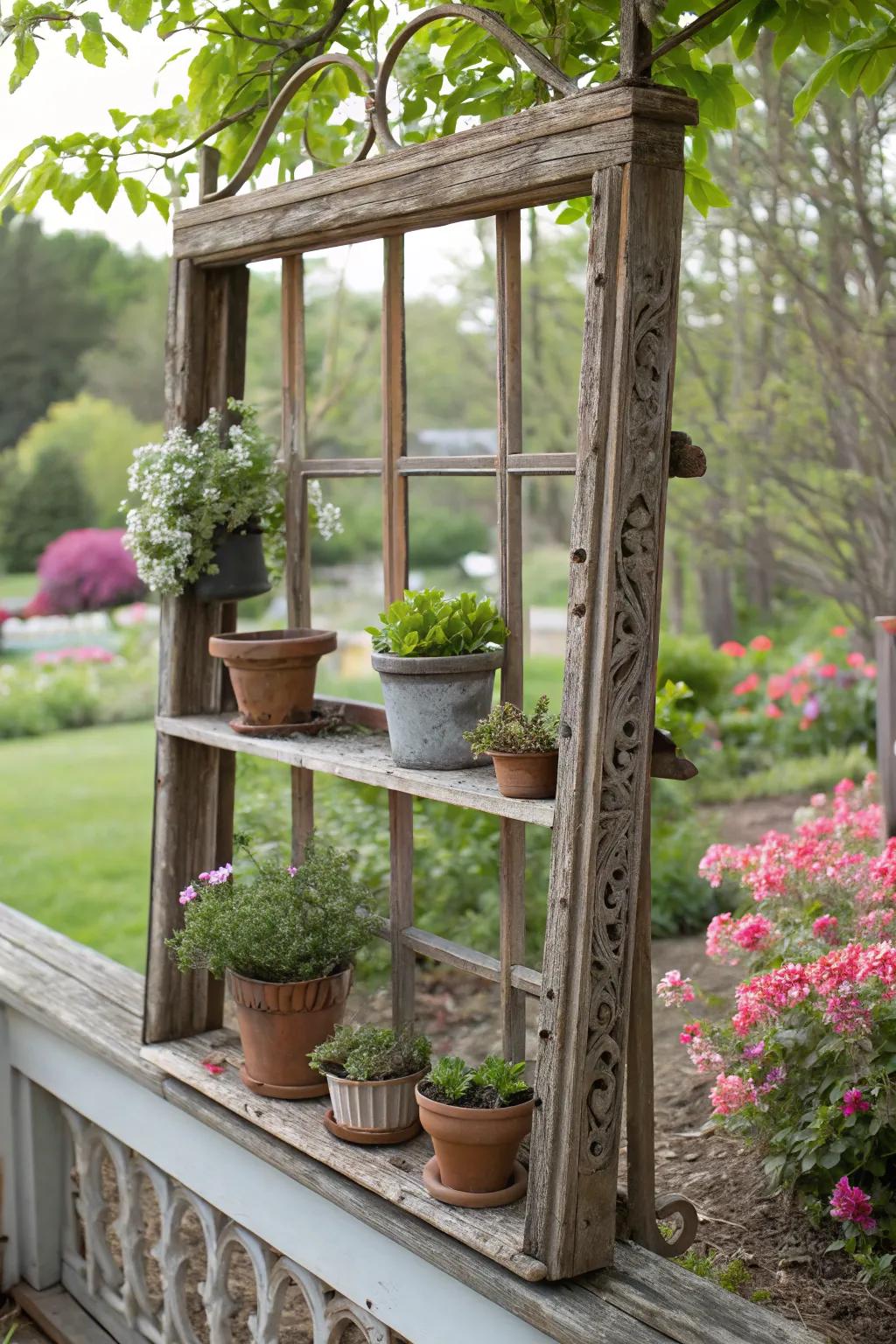 Vintage window frame shelves add charm and history to garden spaces.